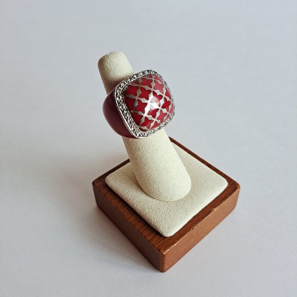 Angelique de Paris 925 Silver Zircon & Resin Red Square Ring Size 6 - Picture 3 of 12